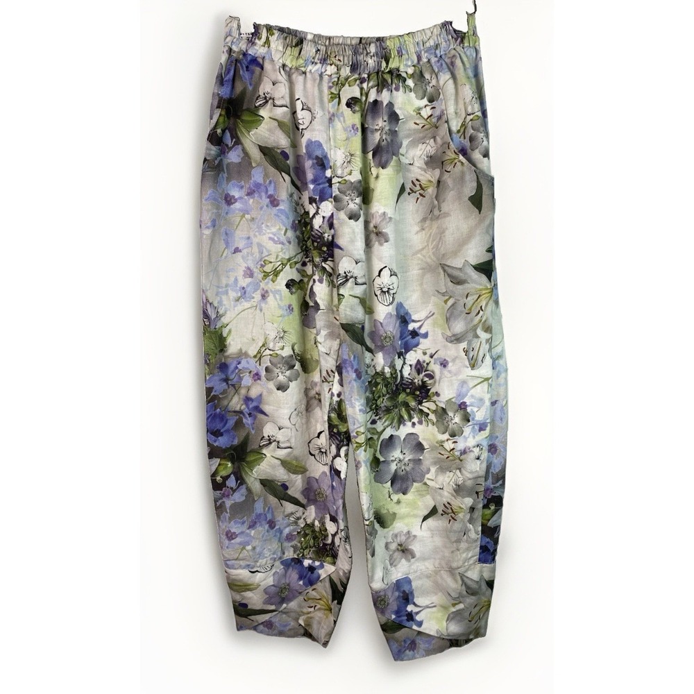 Yuvita 3629A Womens L Linen Ivory Blue Green Floral Wide Leg Pull On Ankle Pants